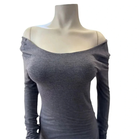 Blue blush Gray Long Sleeve Asymmetrical Hem Bodycon Midi Dress Size M - Picture 6 of 14